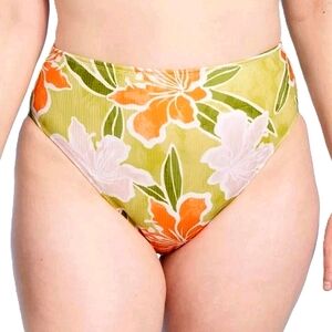 NWT Shade & Shore Orange & Green Floral High Waist Bikini Bottom Swimsuit LG